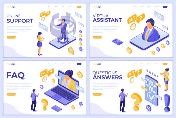Isometric Online Customer Support Online isometric customer support landing web page templates. Horizontal banners call center smartphone, laptop with female, male consultant, headset, rating, chat icons. isolated vector illustration isometric question mark stock illustrations
