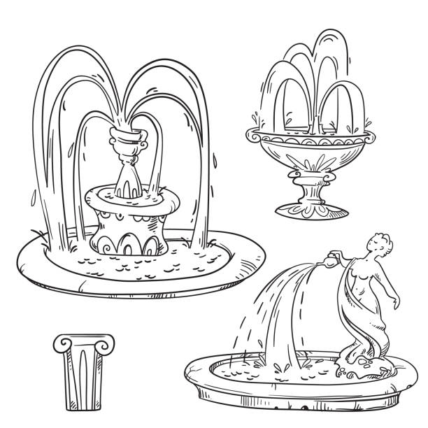 illustrations, cliparts, dessins animés et icônes de ensemble de fontaines vintage extérieures, croquis vectoriel. - fountain water stone falling water