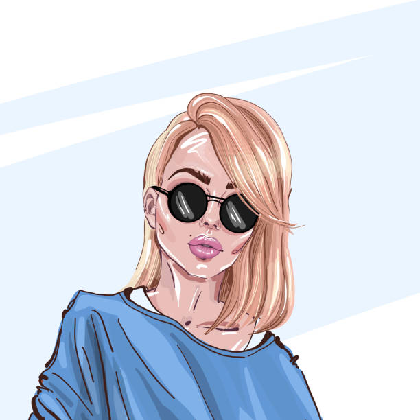 ilustraciones, imágenes clip art, dibujos animados e iconos de stock de dibujado a mano joven hermosa chica rubia en gafas de sol.  ilustración de moda de un look elegante. - women sunglasses little girls glamour