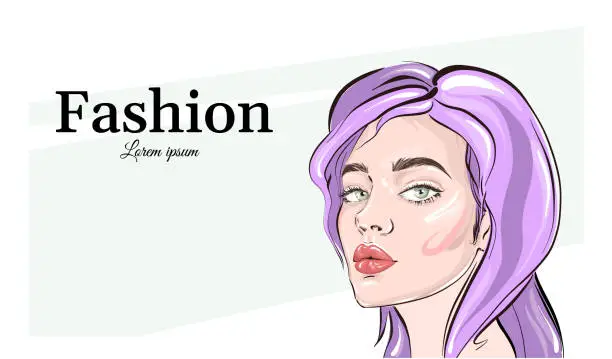 Vector illustration of Hand-drawn young beautiful  girl with nude makeup and unusual purple hair.  Fashion illustration of a stylish look.