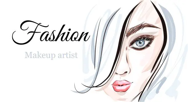 Vector illustration of Hand-drawn young beautiful  girl with nude makeup and unusual blue hair.  Fashion illustration of a stylish look.