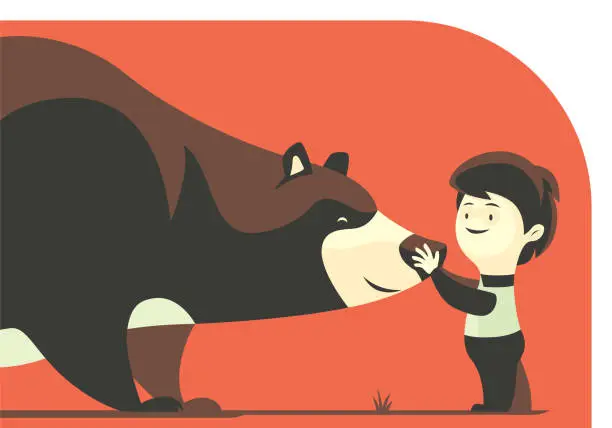 Vector illustration of boy touching bear nose