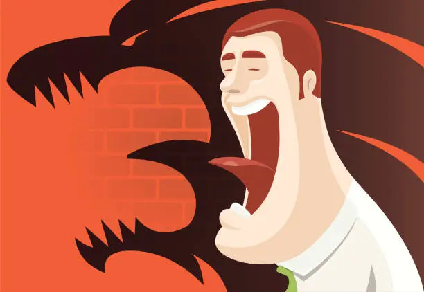 Vector illustration of businessman with angry lion shadow screaming