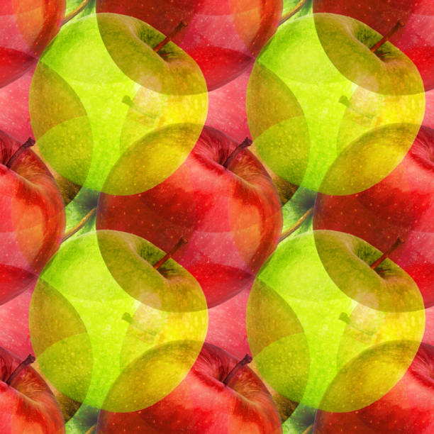 istock Seamless pattern green and red apples, abstract colorful apple repeating ornament, bright artistic fruits backdrop, art fruity translucent texture, fantasy summer vibrant wallpaper, trendy vivid print 1205723273