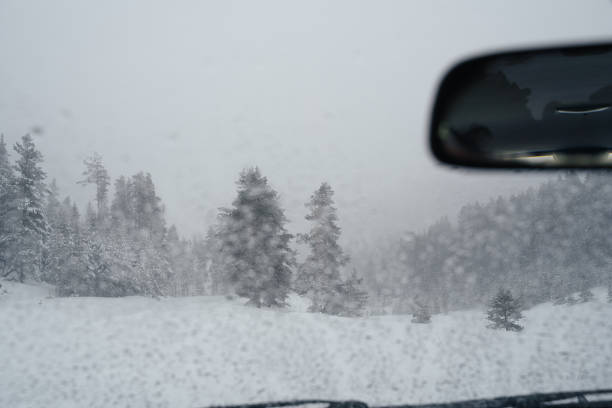 istock Car POV driving on snow covered road, first snow falling. 1205725556