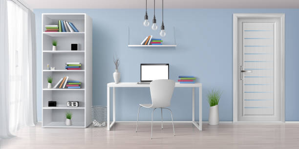 Work desk in home interior realistic vector Home office sunny room with simple, white furniture 3d realistic vector interior background. Laptop with blank screen on work desk, bookshelf on blue wall, rack with clock and flowerpots illustration desk backgrounds stock illustrations