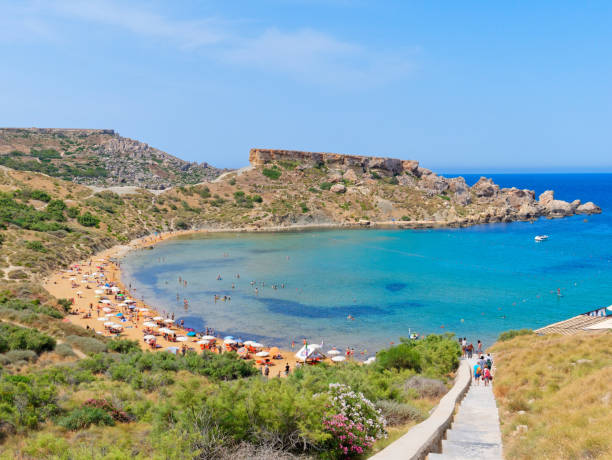 panorama of riviera beach (ghajn tuffieha). malta. - nobody rock coastline sea zdjęcia i obrazy z banku zdjęć