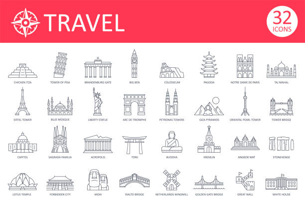 seyahat simgeleri - i̇nce çizgi vektör - turistik yer illüstrasyonlar stock illustrations
