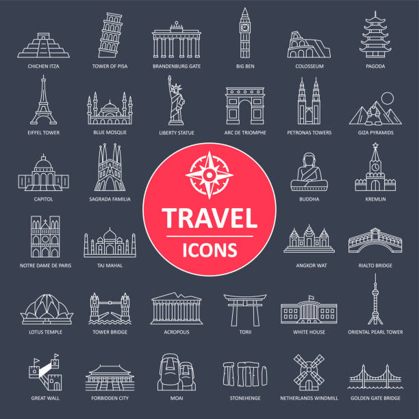 ilustrações de stock, clip art, desenhos animados e ícones de travel landmark icons - thin line vector - coliseum italy rome istanbul