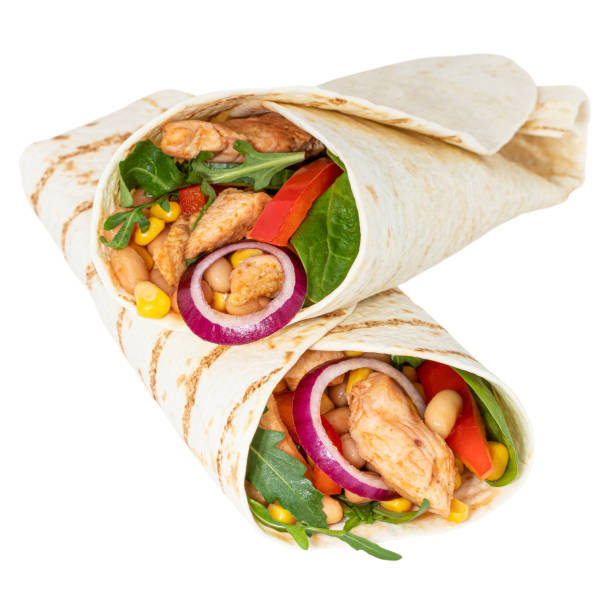 istock Mexican burrito with chicken, pepper and beans  isolated on white background 1205727838