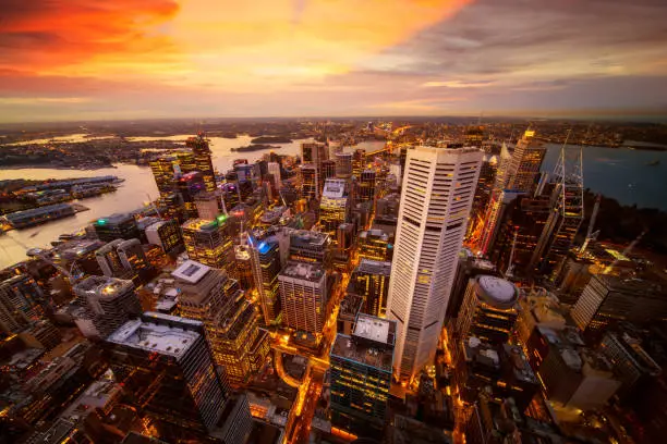 Cityscape of Sydney city from the roof top of Tower with sunset and skyline, Australia
