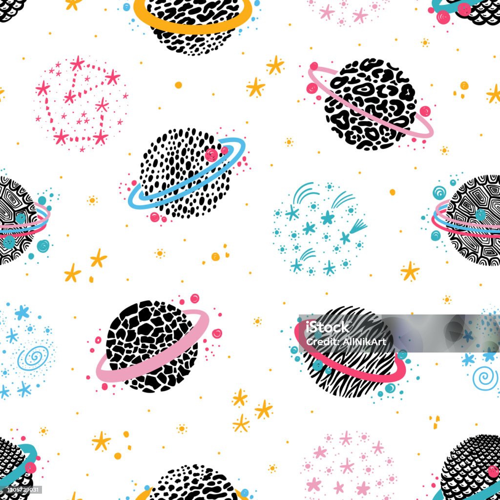 Space Seamless Vector Pattern With Doodle Saturn Planet And Stars Cartoon  Colorful Space Background With Abstract Fantastic Planets With Wild Animal  Print Skin Magic Wallpaper For Kids Stock Illustration - Download Image