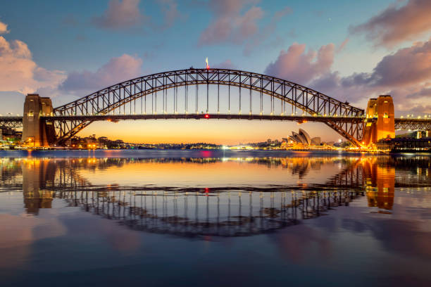 Landmarks of Sydney city CBD across Harbour with bridge Landmarks of Sydney city CBD across Harbour with bridge, circular quay, passenger terminal and downtown skyscrapers to Kirribilli pier at blue cloudy sunrise. sydney harbour bridge stock pictures, royalty-free photos & images