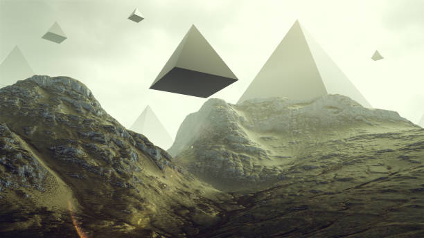 istock Rocky Hills with Floating Alien Geometric Pyramid Shapes 1205731076