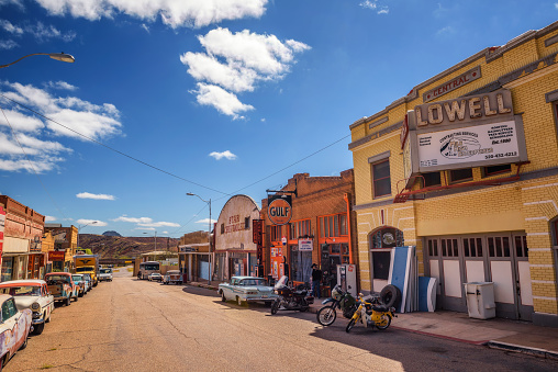 Lowell, Arizona, USA - October 17, 2018 : Historic Erie street in Lowell. This ghost town situated on the other side of the Lavender Pit Mine is now part of Bisbee.