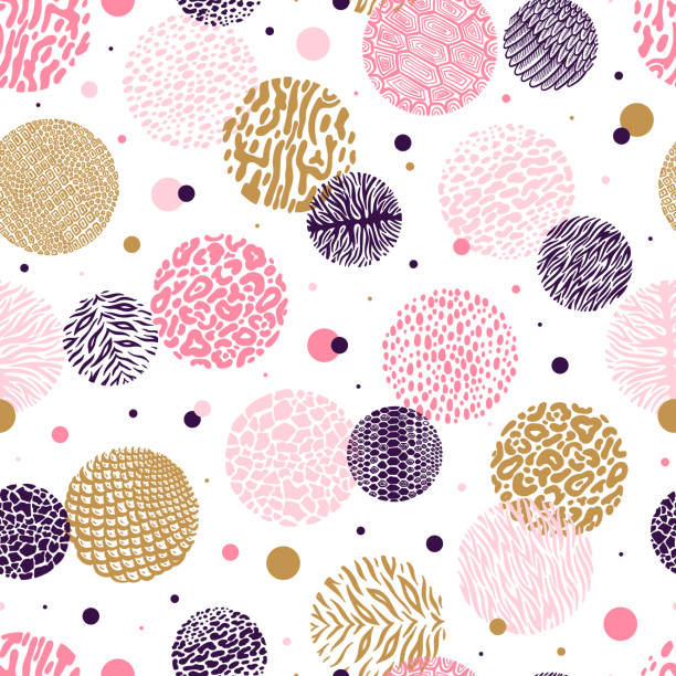 illustrazioni stock, clip art, cartoni animati e icone di tendenza di colorato doodle wild animal print circles seamless vector pattern. animali selvatici pelle sfondo astratto - cute cow vector animal