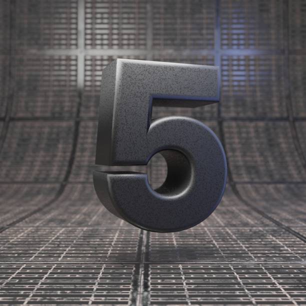 istock Black number 5. DLSR camera body plastic texture digit on metal floor. 1205733865