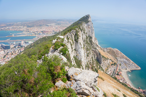Aerial view of the Gibraltar Rock, United Kingdom. View of Spain cost from the rock. View of Gibraltar town from the Rock.