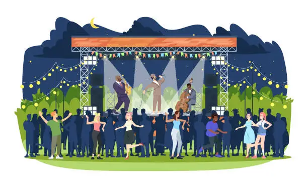 Vector illustration of Jazz music festival flat vector illustration. Night retro concert in park. Open air live performance. People having fun at jam session. Rock-n-roll party. Musicians and spectators cartoon characters