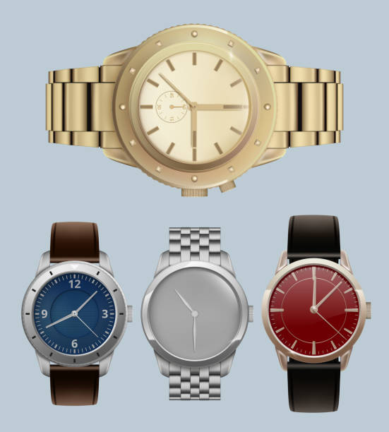 ilustrações, clipart, desenhos animados e ícones de homens assistem. pulseiras caras estilo luxo com relógios de pulso modernos conjunto realista vetores - gold watch