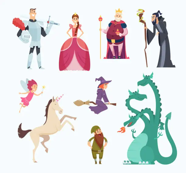 Vector illustration of Fairy tales heroes. Witch wizard princess dragon funny characters in cartoon style vector set