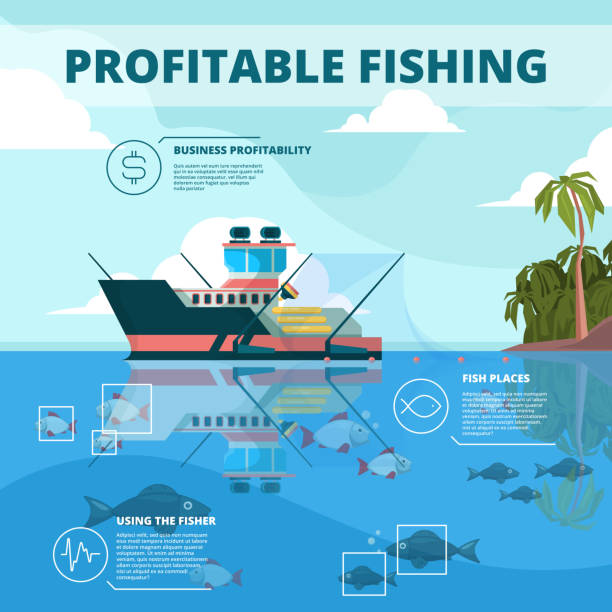 ilustraciones, imágenes clip art, dibujos animados e iconos de stock de fondo de barcos de pesca. imagen infográfica de vectores de buques de pesca de agua oceánica - transportation nautical vessel floating on water sea