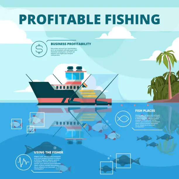 Vector illustration of Fishing boats background. Ocean water fisher ship vector infographic picture