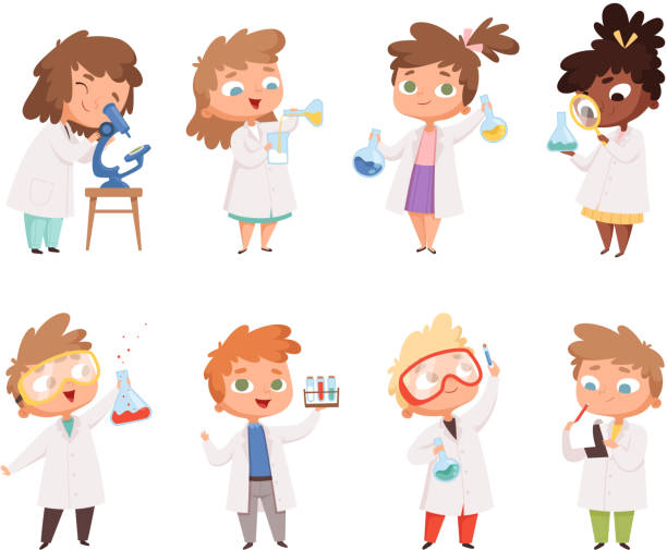 ilustraciones, imágenes clip art, dibujos animados e iconos de stock de niños de ciencias. los niños en el laboratorio de química niños y niñas vectorizar personas divertidas - inventor