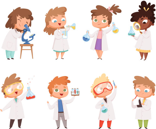 Science kids. Childrens in chemistry lab boys and little girls vector funny people Science kids. Childrens in chemistry lab boys and little girls vector funny people. Lab science, chemistry kids in laboratory education experiment illustration physics illustrations stock illustrations