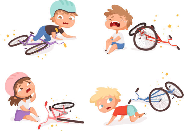 illustrations, cliparts, dessins animés et icônes de accident de vélo. les enfants tombés endommagés vélo cassé transport enfants accidents aider les personnages vecteurs personne - child bicycle cycling danger