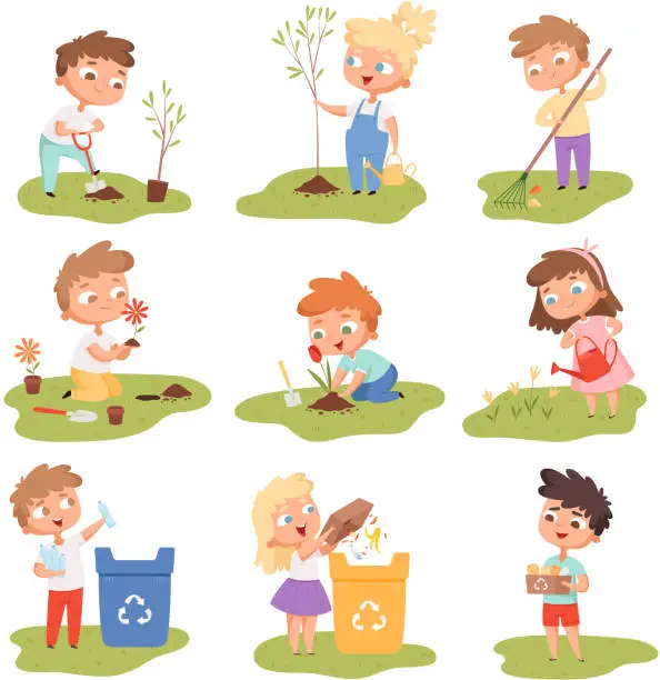 Vector illustration of Kids planting. Happy children gardening digging picking plants eco weather protect tree vector set