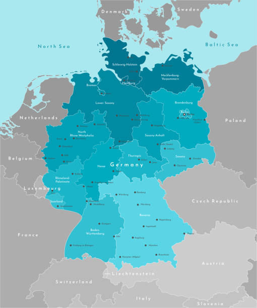 Vector modern illustration. Simplified geographical map of Germany and nearest european states. Blue background of North and Baltic seas. Names of Deutsch cities and provinces. Vector modern illustration. Simplified geographical map of Germany and nearest european states. Blue background of North and Baltic seas. Names of Deutsch cities and provinces germany map regions stock illustrations
