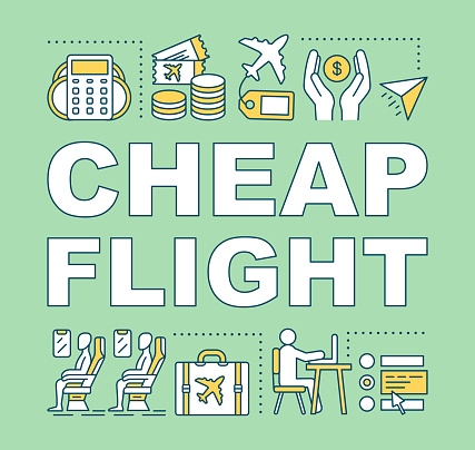 Cheap flight word concepts banner. Economy class. Airline last minute deals tickets. Airfare deals. Presentation, website. Isolated lettering typography idea with linear icons. Vector outline illustration