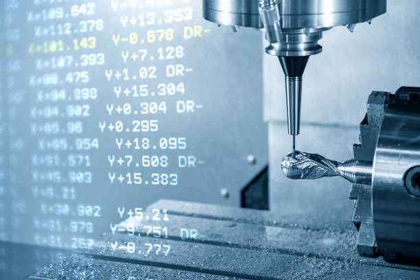 istock The abstract scene of 4-axis CNC milling machine  cutting the sample  parts by solid ball endmill tools. 1205739030
