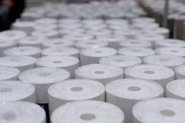 istock Many rolls of wallpaper, background backdrop decoration design. White wallpaper in rolls for decorating walls. Warehouse of building materials, wallpaper for painting 1205739594