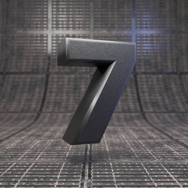 istock Black number 7. DLSR camera body plastic texture digit on metal floor. 1205739885
