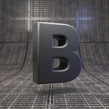 Black letter B uppercase. DLSR camera body plastic texture alphabet on metal floor. 3D rendered high technology font.