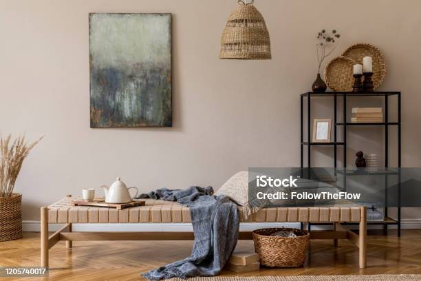 Interior Design Of Korean Style Living Room With Modern Chaise Longue Pillows Plaid Rattan Decoration Modern Shelf And Elegant Personal Accessories Mock Up Paintings On The Beige Wall Template Stock Photo - Download Image Now