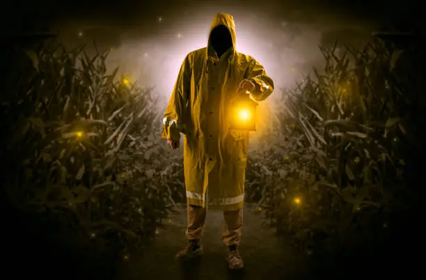 Man in raincoat at night coming from thicket and looking something with glowing lantern