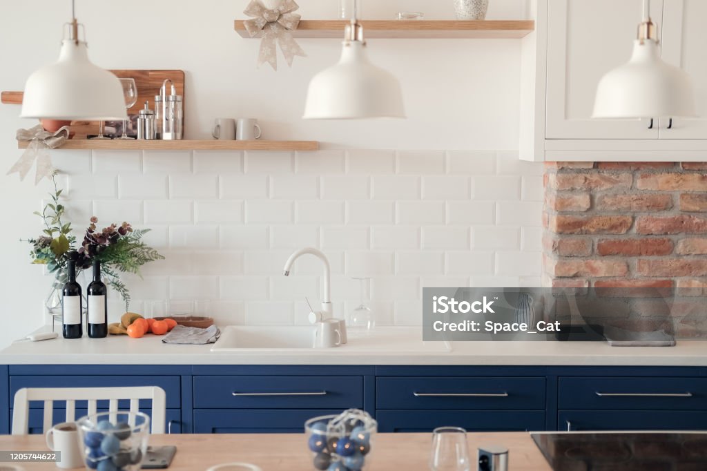 Beautiful Modern blue and white kitchen interior design house architecture Modern blue and white kitchen interior design house architecture Kitchen Stock Photo