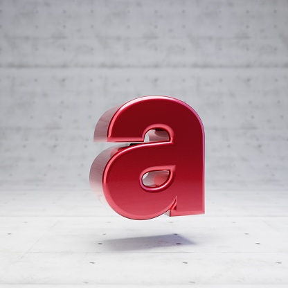 Red lowercase letter A. Metallic red color font character isolated on concrete background. 3D rendering.