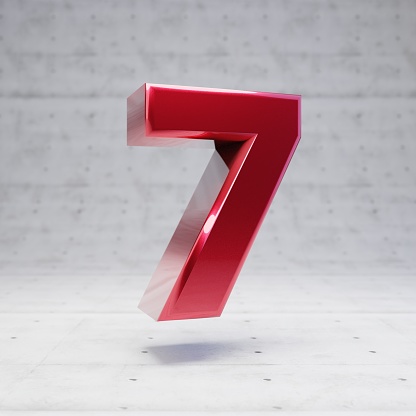 Red number 7. Metallic red color digit isolated on concrete background. 3D rendering.