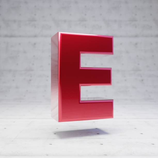 Red capital letter E. Metallic red color character isolated on concrete background. Red capital letter E. Metallic red color font character isolated on concrete background. 3D rendering. 3d red letter e stock pictures, royalty-free photos & images