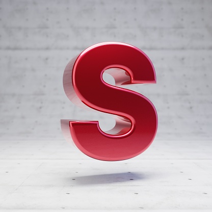 Red capital letter S. Metallic red color font character isolated on concrete background. 3D rendering.