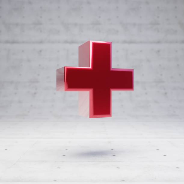 istock Red plus symbol. Metallic red color character isolated on concrete background. 1205745421