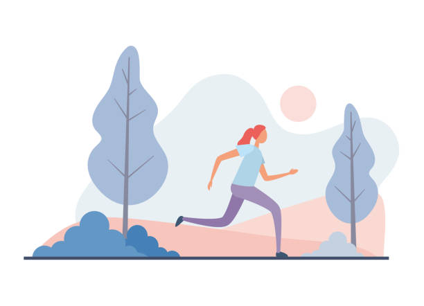 ilustraciones, imágenes clip art, dibujos animados e iconos de stock de mujer corriendo en el parque por la mañana. ilustración vectorial plana - correr ilustraciones