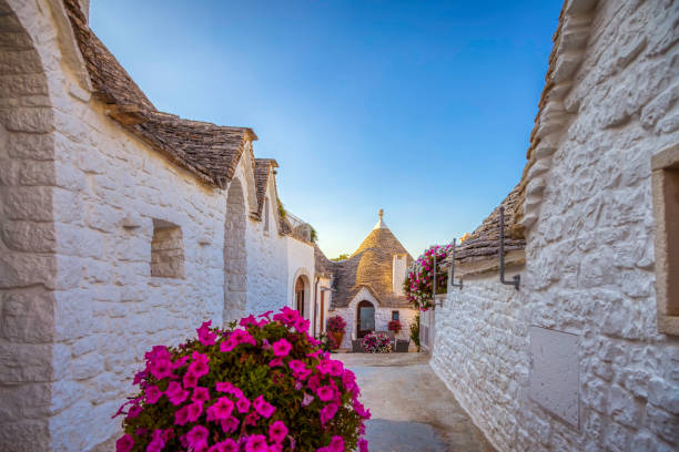 vista panorámica de las casas trulli tradicionales en el pueblo de alberobello en el sur de italia (hdri) - italian culture wall italy ancient fotografías e imágenes de stock