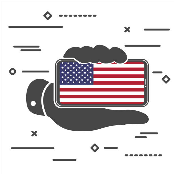 illustrations, cliparts, dessins animés et icônes de flat line art design graphic concept of black mobile phone with american flag in hand icon on white background flat line art design graphic concept of black mobile phone with american flag in hand icon on white background - interface icons politics american flag voting