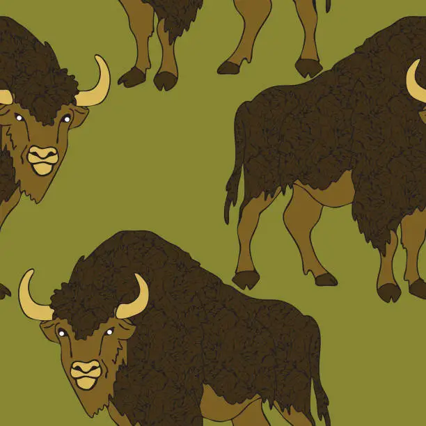 Vector illustration of Seamless vector pattern with buffaloes on green background. Textured fur on bison. Animal wallpaper design.