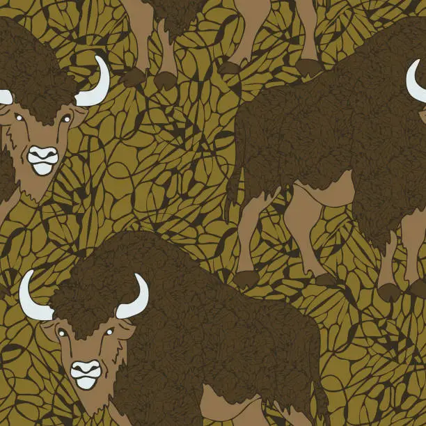 Vector illustration of Seamless vector pattern with buffaloes on textured green background. Animal wallpaper design with bison's.